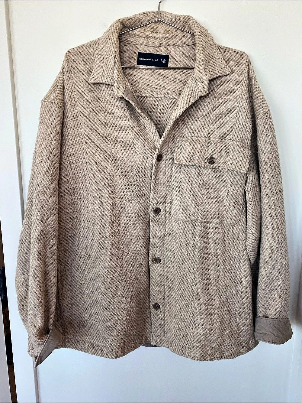 Abercrombie & Fitch Wool-Blend Herringbone Shirt Jacket Beige Large